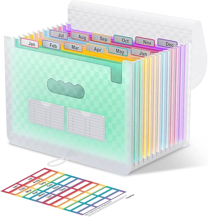 ThinkTex Accordion File Organizer, 12 - Pocket Expanding File Folders for Paper Receipts, Bills & Taxes Organizer, Letter/A4 Size Document Holder for School, Office, Home with Colorful tabs- Green