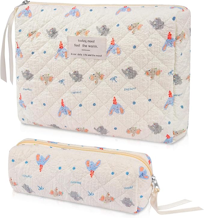 2PC Makeup Bag Set, Cute Cosmetic Bag for Women Girls, Floral Coquette Aesthetic Toiletry Bag, Travel Make Up Organizer Bag (Elephant)