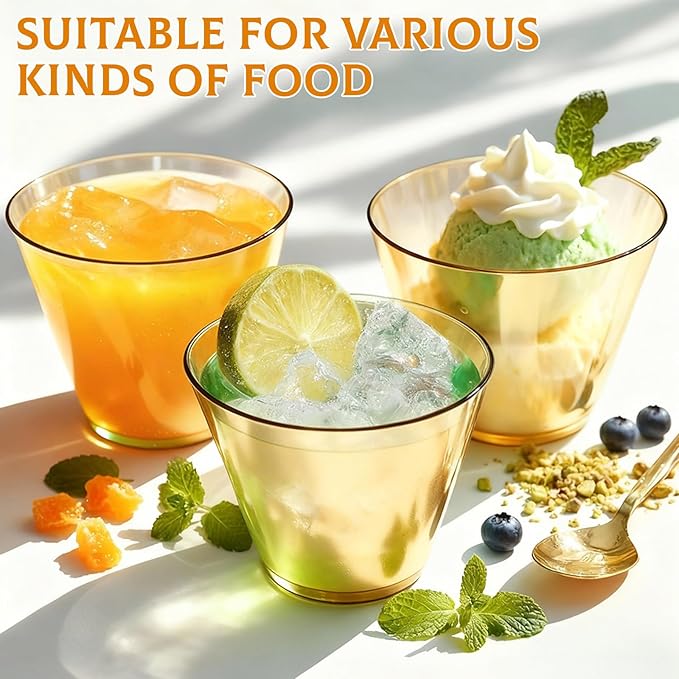 9 oz Clear Plastic Cups Glod Plastic Disposable Cups for Cocktail 150 Pack Fancy Cocktail Cup for Party Stemless Wine Glasses for Party Wedding Graduation Birthday