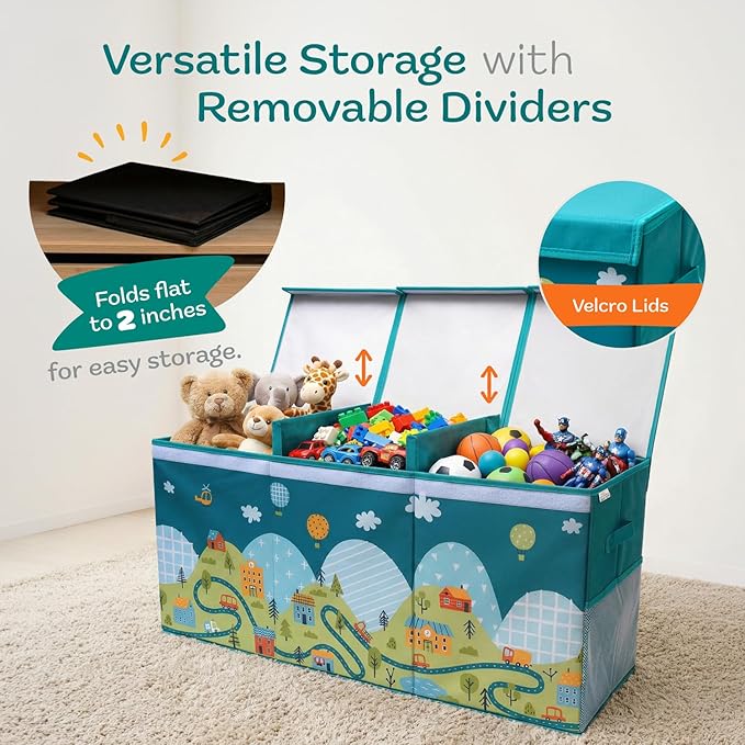Extra Large Toy Storage Organizer with Lid - Sturdy, Collapsible Toy Chest Storage Box with Cute Design - Toys Bin with Dividers for Kids, Boys, Girls, Nursery, Bedroom, Play room 37"x16"x14"