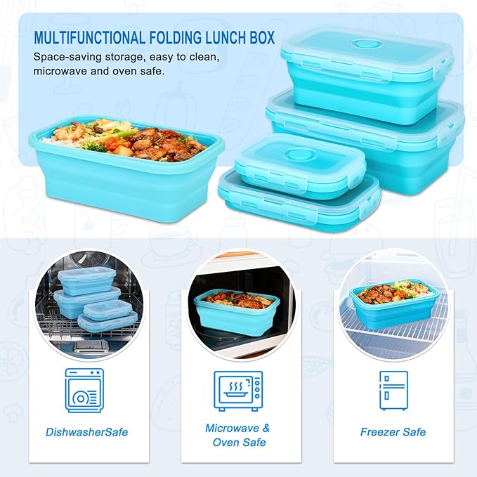 4 Set Collapsible Food Storage Containers Silicone Lunch Container with Lids Collapsible Lunch Box Food for Camper Leftovers Snacks Meals Dorm Kitchen Microwave Dishwasher and Freezer Gray