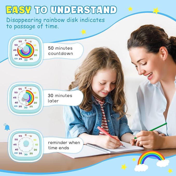 HIPPIH Visual Timer for Kids - 60 Minute Pomodoro Timers for Classroom Kitchen Office, Countdown Kids Timer Clock with Rainbow Disk, Desk Time Management Tool for Toddler with Silent Operation, Blue