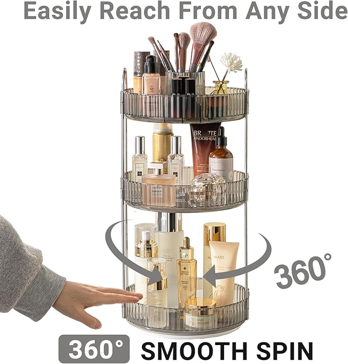 360 Rotating Makeup Organizer, 3-Tier Large Capacity Makeup Organizers and Storage, Skincare Perfume Vanity Organizers, Bathroom Cosmetics Storage Organizer Countertop (Grey)