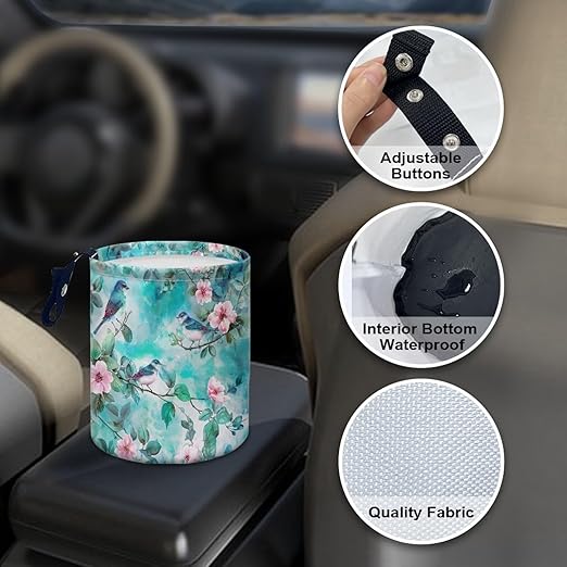 Panskyllis Green Hummingbird Car Trash Bin Garbage Can Leak Proof Waste Basket Container Bag Bin Portable Cup Holder Organizer with Strap Universal Storage Bag Box for Auto, Car, Camping, Travelling