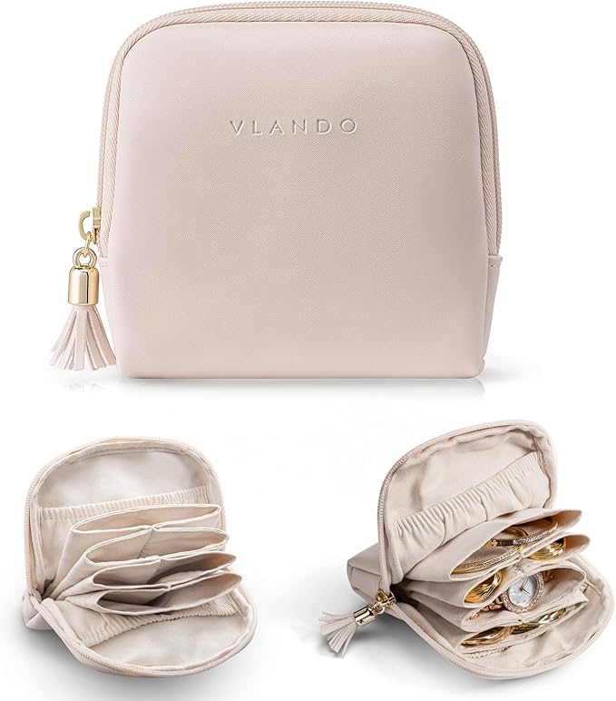 Vlando Small Travel Jewelry Organizer, Jewelry Pouch Bags, Velvet Jewelry Storage Bag for Bracelet Rings Earring, Portable Jewelry Travel Case for Traveler - Apricot Pink
