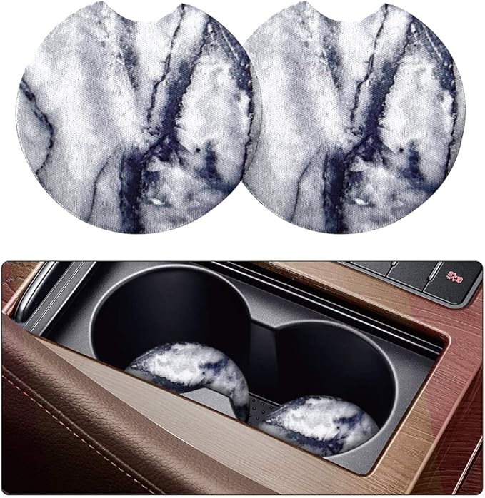2 Pack Car Coasters for Drinks Absorbent - 2.75 Inch Cute Car Cup Holder Coasters for Women, Removable Cup Holder Coaster for Your Car, Car Interior Accessories for Women & Girls (White Marble)