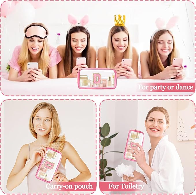 Small Clear Personalized Initial Makeup Bag,Nylon Preppy A-Z Chenille Letter Patch Cosmetic Pouch Beach Toiletry Bag,Waterproof Zipper Travel Purse Storage Bag Organizer for Women Girls(Pink-Pink D)