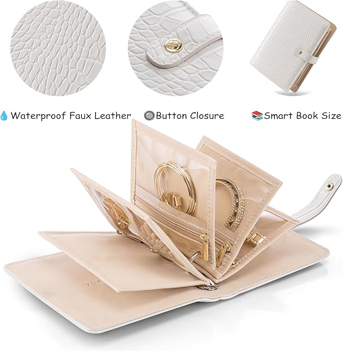 Vlando Small Jewelry Book Organizer - Leather Travel Jewelry Case with 5 Detachable Pages, Multi Zipped Pockets for Necklaces Rings, Earrings, Tangle-Free, Croco White