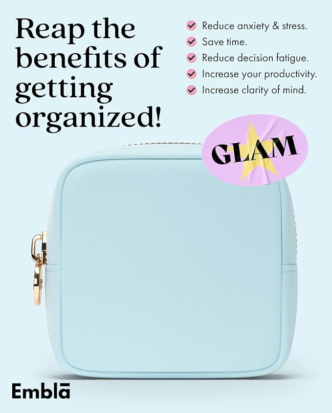 Embla Makeup Bag Travel Cosmetics Pouch and Toiletry Bag, Nylon Zipper Pouch Purse, Cute Make Up Organizer Storage Tote for Women Girls, Waterproof Travel Skincare Case, Small Makeup Bags, Sky Blue