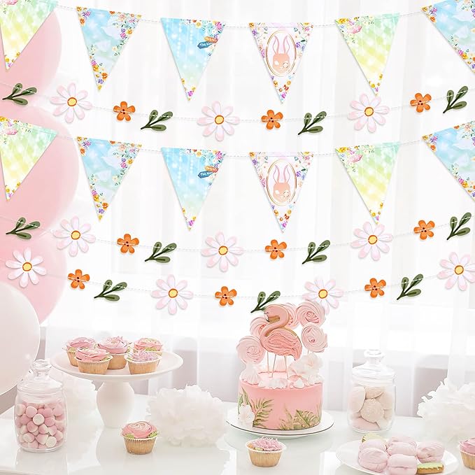 Dayker 3PCS Triangle Bunting Banner Garland, Spring Floral Flags Pennant Garlands, Reusable Paper Hanging Decorations, Carnival Theme Birthday Party Outdoor Events Decor Supplies