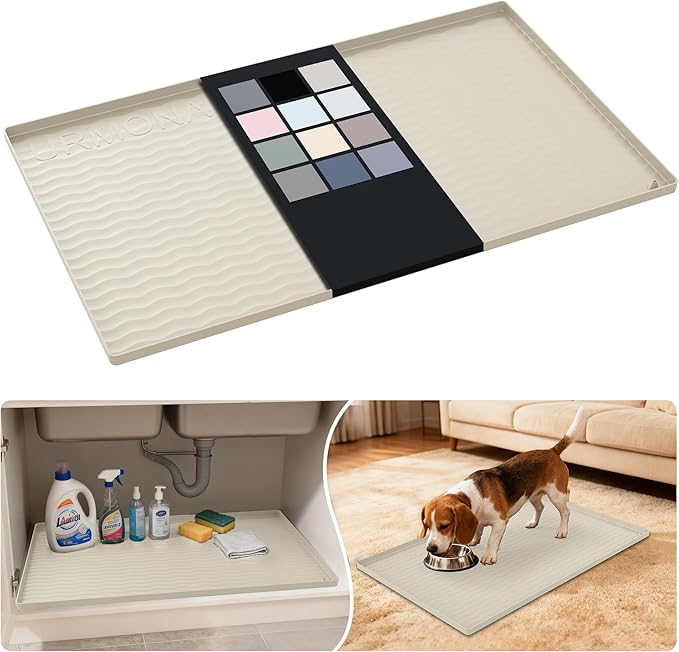 URMONA Waterproof Silicone Under Sink Mat 31'' x 22'' Shelf Liner for Kitchen and Bathroom, Cabinet and Counter Protector, Storage and Organizers, Litter Mat, Pet Cat Puppy Essentials (Cream)