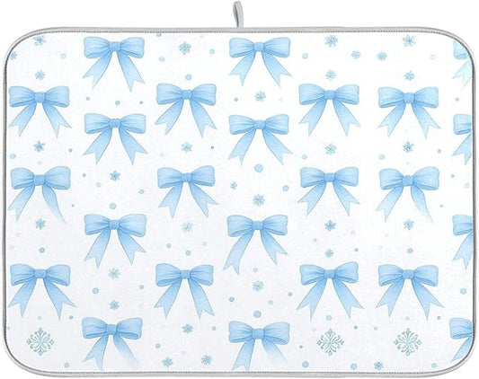 Blue Bow Ribbon Dish Drying Mat for Kitchen Countertop 18x24 Bowknot White Coquette Pattern Large Drying Mat Reusable Quick Dry Dish Sink Mats Easy Clean Decorative Essentials