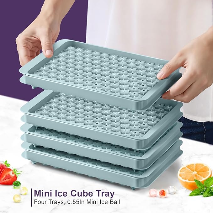0.55in Mini Ice Cube Trays - Tiny Pebble Ice for Iced Coffee & Cocktails - Fast Chill, Easy Twist Release - Stackable with Lid, Storage Bin, Tongs, 2 Straws (4 pack, Blue)