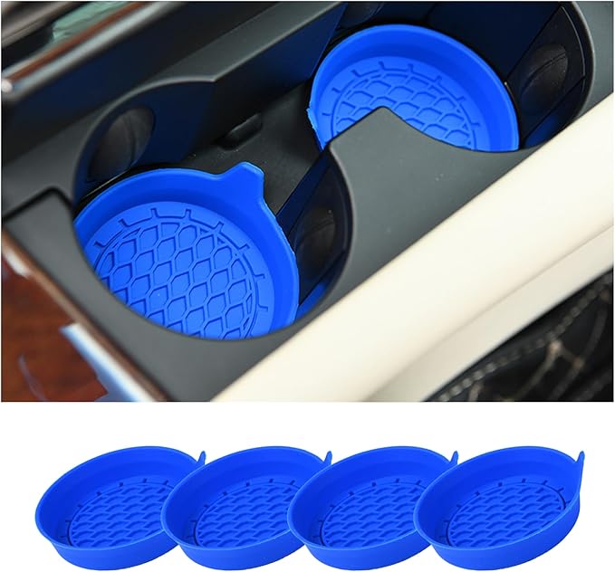 4PCS Car Cup Holder Coaster, Silicone Non-Slip Vehicle Cup Holder Insert Pads, Automotive Interior Insulation Drink Cup Mats Decor Accessories, Universal for SUV, Sedan, Truck (Blue)