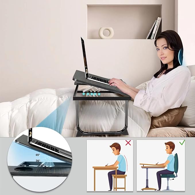 Laptop Desk for Bed Couch, Lap Desk for Laptop, Portable Laptop Stand for Desk, Small Adjustable Laptop Desk, Foldable Bed Table for Laptops and Writing, Bed Tray Table with Cup Holder (Black)