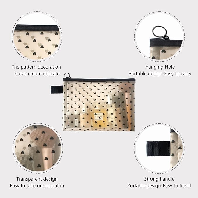 4-Piece Heart Printed Mesh Makeup Bag Set, Portable Travel Mesh Cosmetic Bags Toiletry Bags Makeup Purse Bags, Zipper Storage Pouches for Home Offices Travel Accessories (Beige)