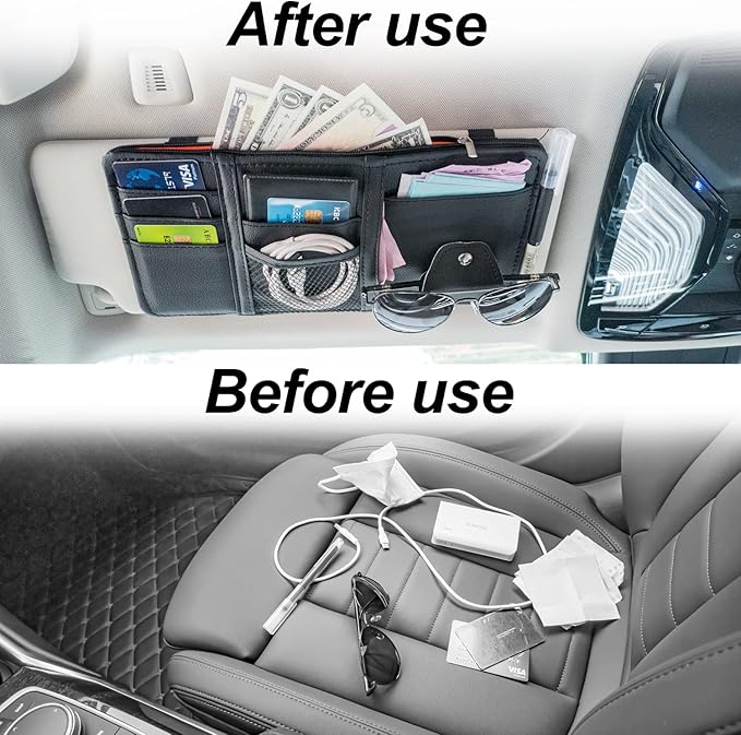 Keedolla 2Pcs Car Sun Visor Organizer, Auto Interior Accessories Pocket Organizer Car Visor Storage Pouch Holder with Zipper Pocket for Sedan, Truck, SUV - Black