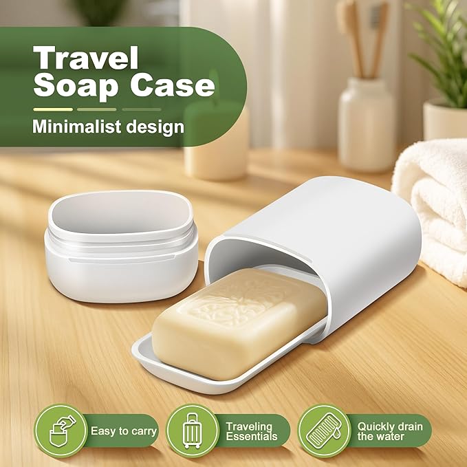 Travel Soap Case soap Holder,Leak Proof Soap Holder with Silicone Sealed lid,Keep Dry with Drainage Tray,Soap Dish for Travel, Gym, Bathroom, Outdoor, Camping, School(White)