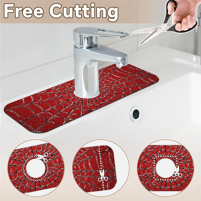1 PC 15.4*5.7 Inch Absorbent Faucet Mat for Kitchen Sink Splash Guard Fast Drying Kitchen Faucet Mat for Bathroom Kitchen Spider Web