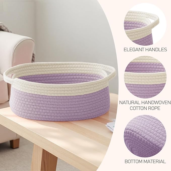 Woven Basket,Small Rope Storage Bin with Handles & Ribbon Bag, Organizer for Shelves Closets,Gift Basket Empty for Birthday,Books,Dog Toys, White&Purple/3 Pack