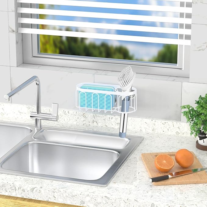Yazoni 2-in-1 Sponge Holder for Kitchen Sink, Suction Cup Sponge Rack Kitchen Caddy, No Drill Rustproof Sink Organizer Holder for Place Dishwashing Brush Soap (White)