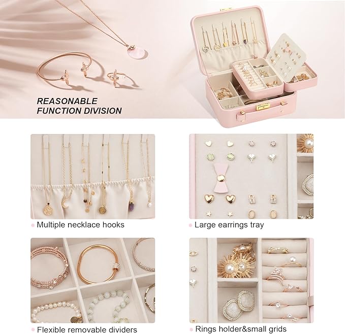 Large Jewelry Travel Case, Jewelry Case for Necklaces, Large Jewelry Case, Jewelry Box for Women Girls. (Pink)