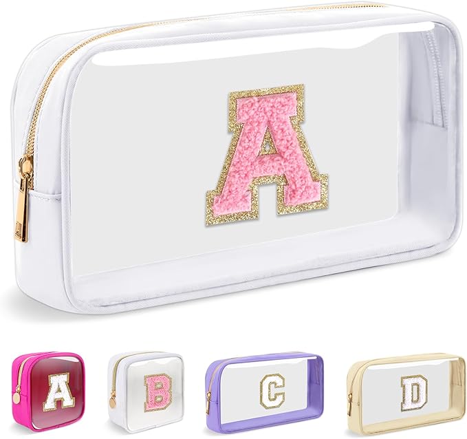 Small Clear Personalized Initial Makeup Bag,Nylon Preppy A-Z Chenille Letter Patch Cosmetic Pouch Beach Toiletry Bag,Waterproof Zipper Travel Purse Storage Bag Organizer for Women Girls(White-Pink A)