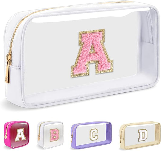 Small Clear Personalized Initial Makeup Bag,Nylon Preppy A-Z Chenille Letter Patch Cosmetic Pouch Beach Toiletry Bag,Waterproof Zipper Travel Purse Storage Bag Organizer for Women Girls(White-Pink A)