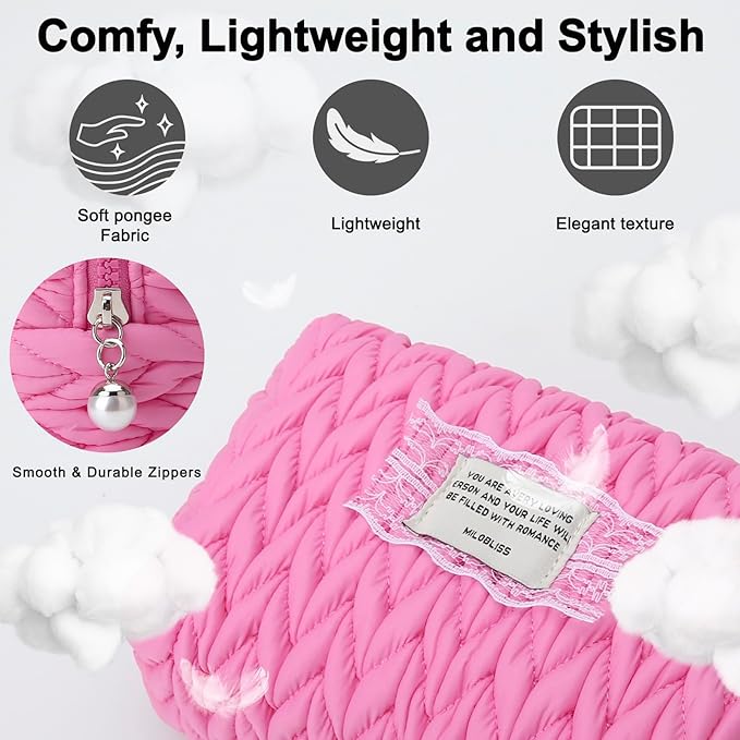 DOB SECHS Small Puffer Makeup Bag Quilted Cosmetic Bag Clutch with Wristlet, Cute Makeup Pouch for Purse, Cotton Woven Puffy Toiletry Bag for Women, Mini Travel Essentials Organized Pouches, Hot Pink