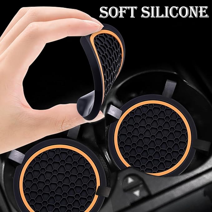4-Piece Anti-Slip Car Cup Coaster Set – 2.75 Inch Auto Insert Drink Mats, Perfect for Coffee & Beverages – Stylish Interior Decor for Women & Girls (Black & Orange)