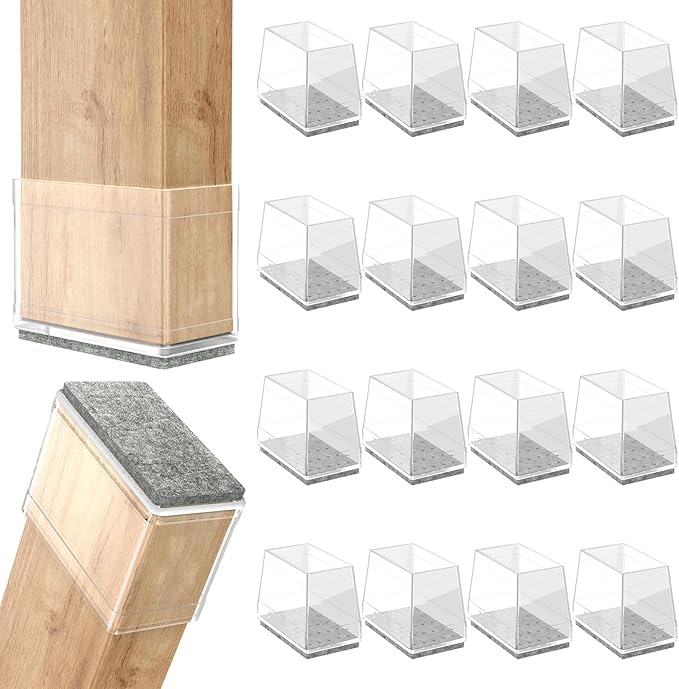 Rectangle Chair Leg Protectors for Hardwood Floors, 16 PCS Silicone Covers to Protect Wood Tile Floors, Felt Pads, Furniture Leg Caps Reduce Noise, Easy to Move (Clear, 1.5 x 3 Inch, Rectangular)