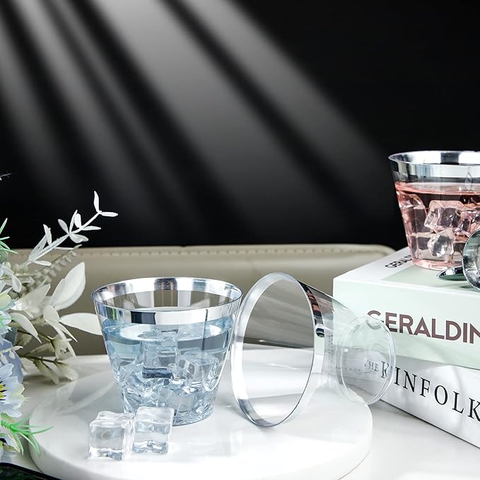 I00000 200pcs Silver Disposable Plastic Cups 9 oz Clear Plastic Cups Old Fashioned Tumblers Silver Rim Cup Disposable Party Cup Elegant Silver Wine Glasses Cocktail Cup