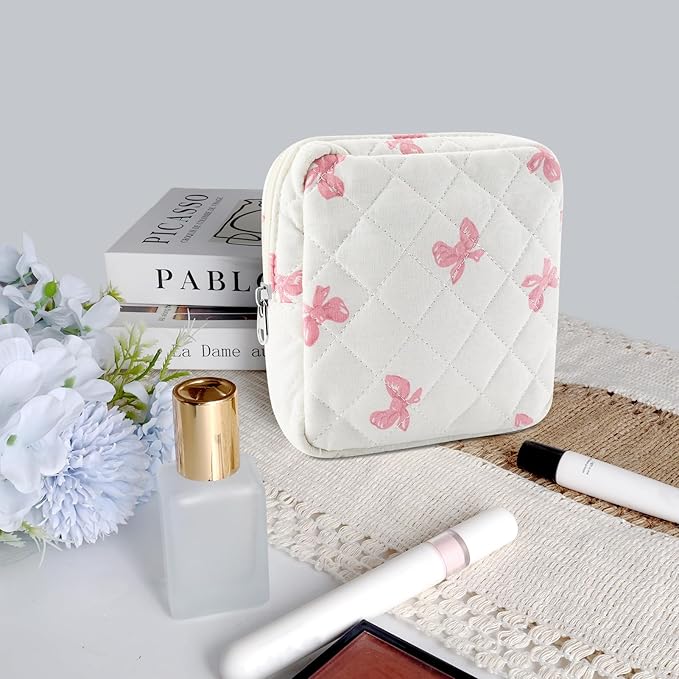 Small Quilted Cotton Makeup Bag for Purse Mini Cosmetic Period Bag for Women Cute Pink Bow Makeup Sanitary Pouch Portable Travel Toiletry Bags with Zipper Christmas Birthday Gifts