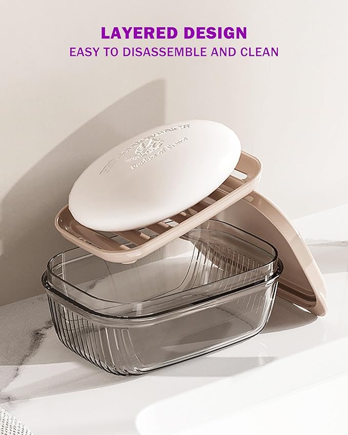 Travel Essentials Soap Holder with Lid,Leakproof Soap Dish with Drainage Layer, Portable Travel Soap Bar Case for Camping, Gym, Bathroom,Kitchen,Dormitory,Hotel(Clear)