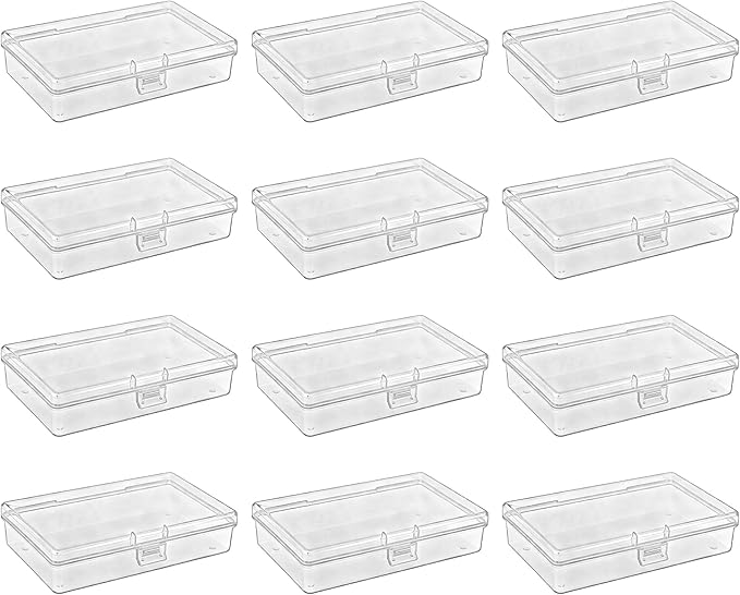 LJY 12 Pieces Rectangular Empty Mini Clear Plastic Organizer Storage Box Containers with Hinged Lids (5.3 x 3.1 x 1.2 inch, Transparent)