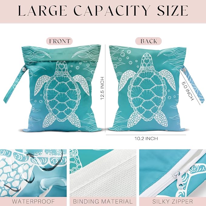 Waterproof Wet Bag for Swimsuit, Travel Beach Wet Dry Bag, Hidden Zipper Reusable Turtle Wet Bags, for Travel Beach Wet Swimsuits Toiletries Diapers Dirty Gym Clothes Laundry Bag