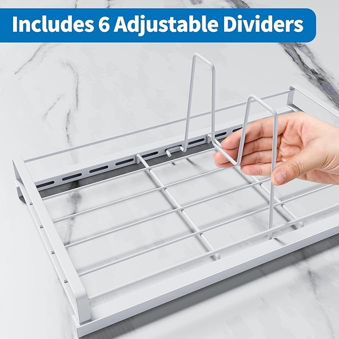 GAGUIUP Food Container Lid Organizer, Adjustable 6 Dividers Full-Metal Pot and Pan Organizer Rack for Kitchen Cabinets, Drawers, Cupboards, Pantry Shelves Storage, White