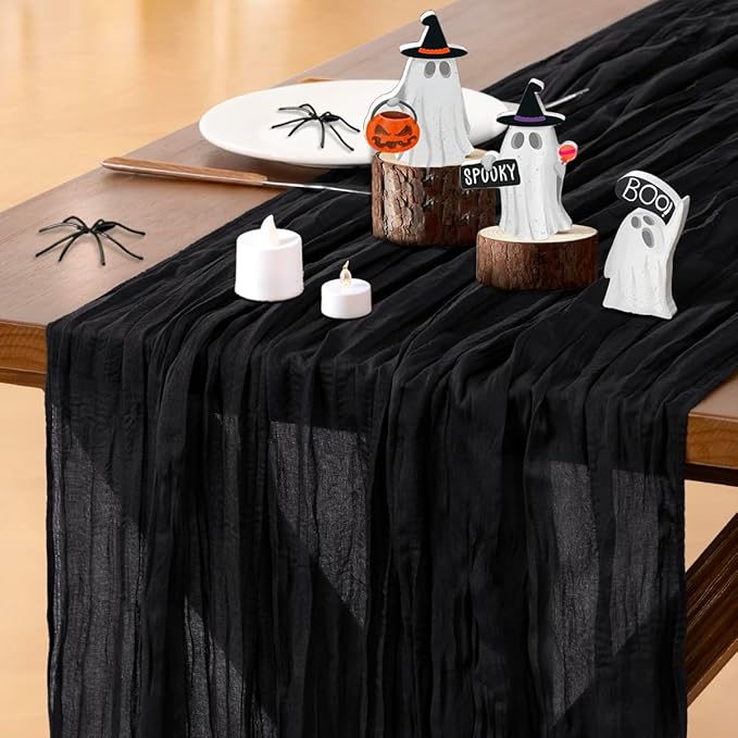 Socomi 3pcs Black Summer Cheesecloth Table Runner Boho Rustic Gauze 120 inch 10FT Cheese Cloth Sheer Runner for Wedding Party Baby Shower Birthday Home Decor Holiday Decorations