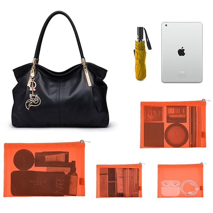 EASYFUN Mesh Pouch, Makeup Bag with Zipper Cosmetic Organizer Pouch for Daily or Travel to Keep Small Items, 4 PCS Orange