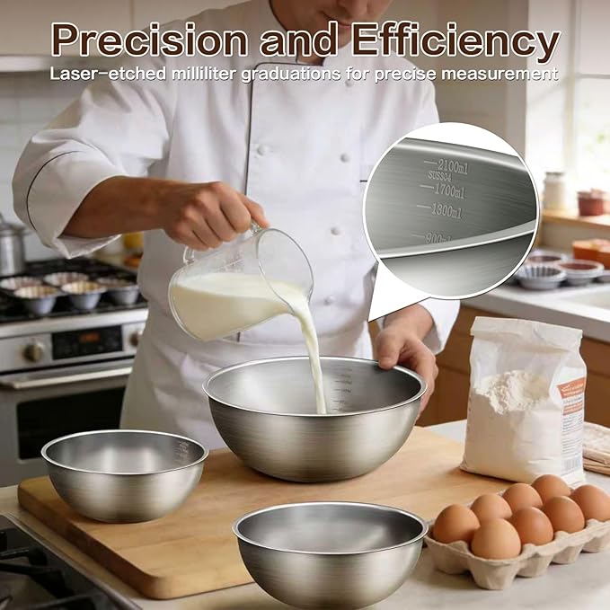Gronivex Metal Mixing Bowls, 304 Stainless Steel, Set of 3 (1.5, 2.2 & 3.4 Qt) – Thicker-Gauge, Stackable Nesting & Space-Saving – Classic Everyday Bowls for Baking, Salad Prep & Cooking