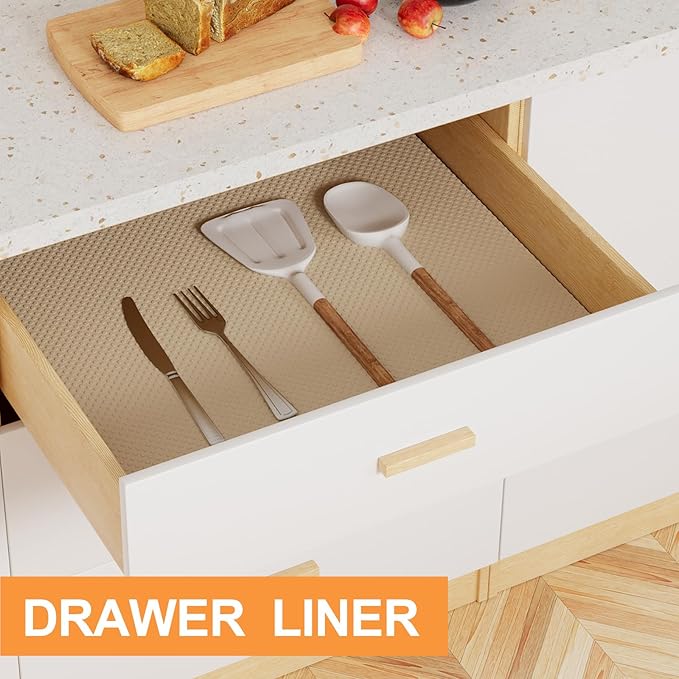 Shelf Liners for Kitchen Cabinets Waterproof - 15 Inch x 20 FT Easy to Clean Drawer Liner - Non-Adhesive Cupboard Mat for Pantry Shelves Khaki