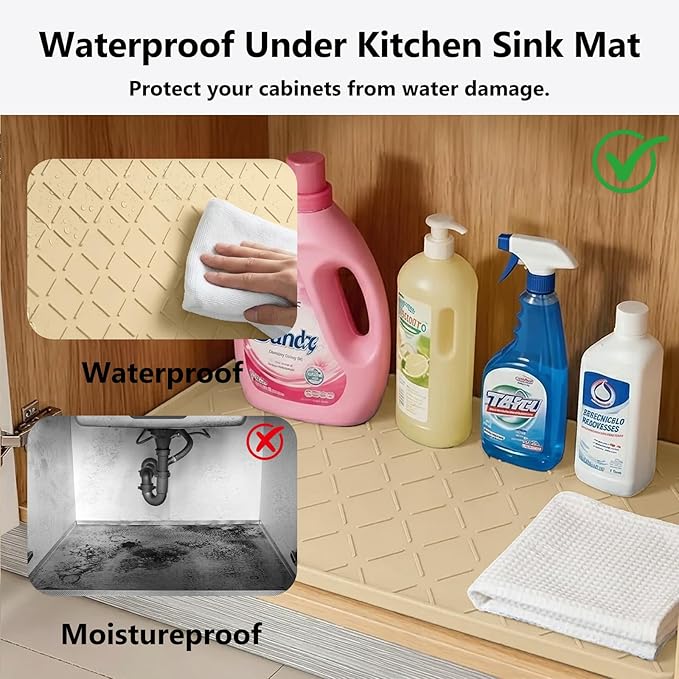 Mateeylife Under Sink Mats for Kitchen Waterproof 22"X19", Undersink Protectors，Silicone Mat Cabinet Liner, Under Sink Organizer for Bathroom and Kitchen，Boot Tray Pet Food Mat, Khaki
