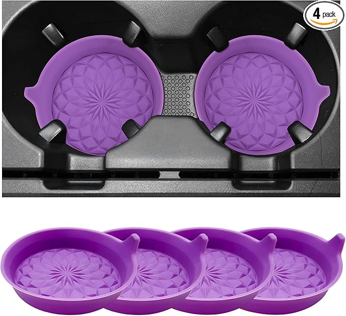 4 PCS Car Cup Holder Coasters, 2.75 Inch Anti-Slip Insert Silicone Car Coaster Drink Mat, Shockproof Universal Auto Cup Coasters for Most Vehicles, Car Interior Accessories (Dark Purple)