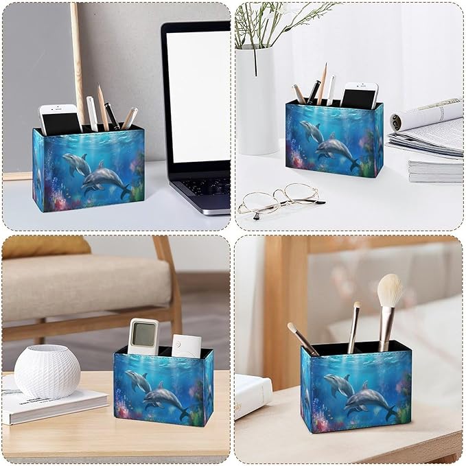 Famame Two Dolphins Underwater Pencil Holder for Desk, Leather Desktop Container Pen Cup Storage Study Table Pen Organizer Makeup Brush Holder for Classroom Office Home