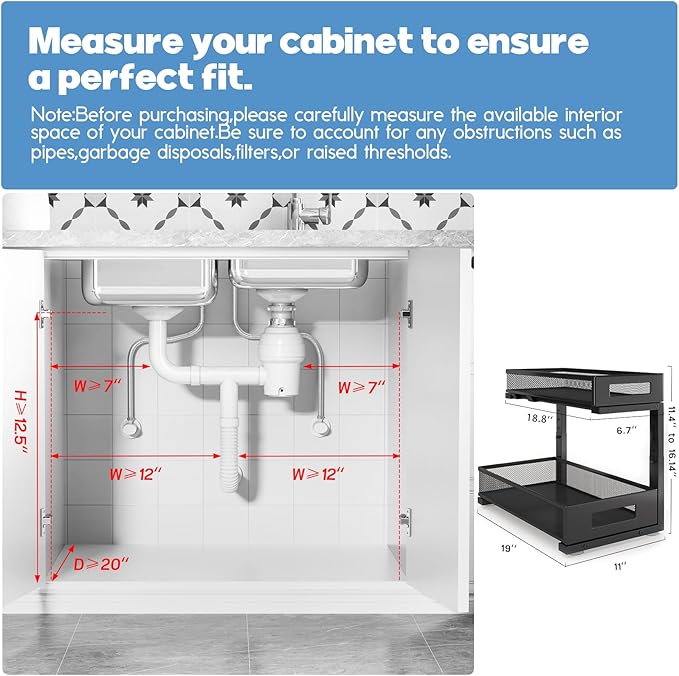 1 Pack 19-Inch Deep Under Sink Storage Organizer, Large 2-Tier Elegant Mesh Pull-Out Shelf for Kitchen and Bathroom Cabinet Organization, L-Shaped and Adjustable Height Design - Black