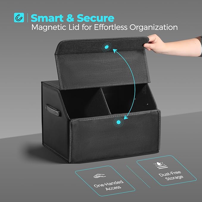 Fyzeoty Car Organizers for Trunk for SUV Sedan, Leather Storage Box, Magnetic Lid, Collapsible and Adjustable, 16.5 inches
