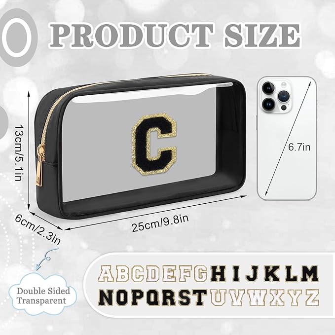 Small Clear Personalized Initial Makeup Bag,Nylon Preppy A-Z Chenille Letter Patch Cosmetic Pouch Beach Toiletry Bag,Waterproof Zipper Travel Purse Storage Bag Organizer for Women Girls(Black-Black C)