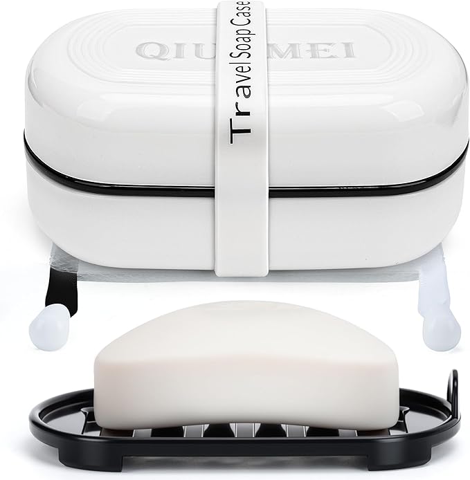 Travel Soap Box,soap Bar Holder Dish Container Case with Soap Bag & Silicone Band,Strong Sealing Leak Proof Portable,Best for Bathroom/Camping/Gym/Business Trip (White)