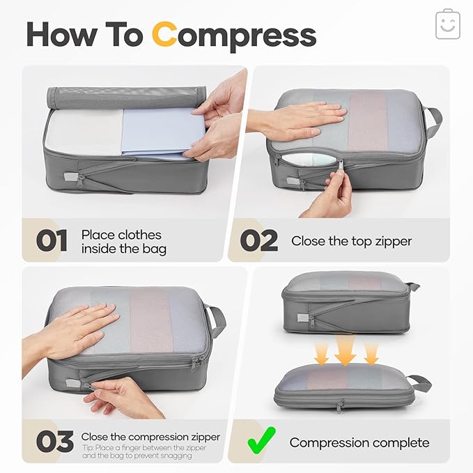 Veken 9/11 Set Compression Packing Cubes for Travel Essentials,Compressible Expandable Large Luggage Suitcase Organizer Bags for Clothing,Durable Space Saver Storage Bags with Toiletry Bags(Gray)