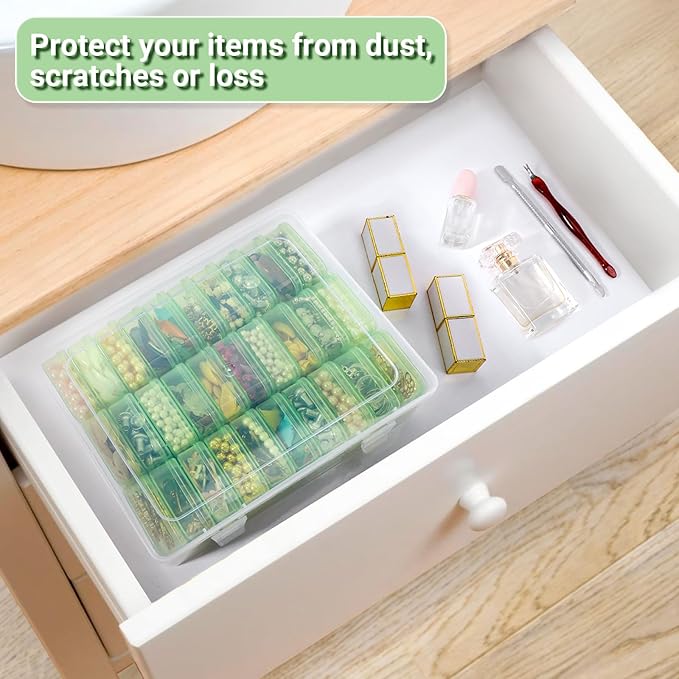 Cosics Bead Storage Containers, Clear Plastic Bead Organizer Case with Hinged Lid and Labels, Mini Craft Storage Box for Small Projects, Jewelry Kit, DIY Craft Supply, Stickers, False Nails, Green